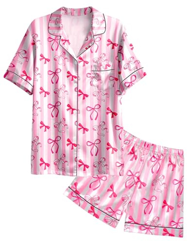 Nidoul Girls Pajamas Satin Pajama Set Silk Pjs Short Sleeve Button Down Summer Sleepwear for Big Kids Size 9-10