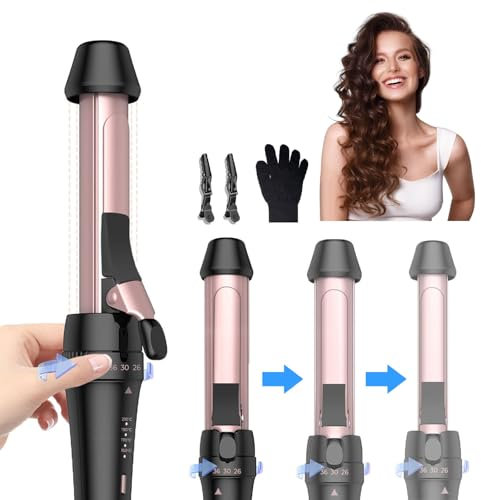 26/30/36mm Lockenstab, 3 in 1 Lockenstab für Kurze Haare und Lange Haare, Drehbarer Ring zum Wechseln der Größen Ohne Zubehörwechsel, Reise-Doppelspannung (Schwarz-Rose)