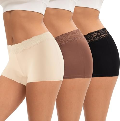 INNERSY Damen Boxershorts Baumwolle Hipster Boyshorts Panties Spitze Hose Unter Kleid 3er Pack (M, Schwarz/Hellrosa/Braun)