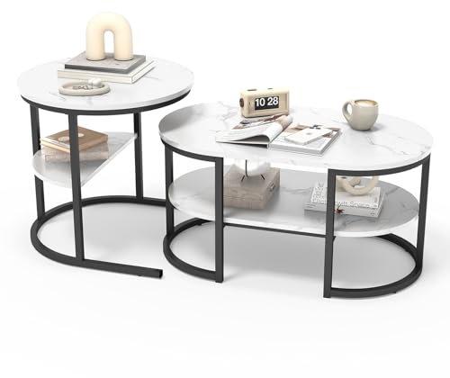 Luminarix 2er Set Couchtisch, Rund und Oval Beistelltisch mit Stauraum, Marmor Optik, Metallrahmen Wohnzimmertisch Satztische Sofatisch Kaffeetisch, Weiß & Schwarz