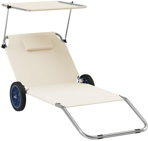 Outsunny 2er Set Sonnenliege klappbar Strandliegen Strandstuhl mit Verstellbarer Rückenlehne Kopfkissen Dach Rolle leicht tragbar Strandmatte Liegestuhl Outdoor Liegematte für Garten, Pool 148 x 62cm