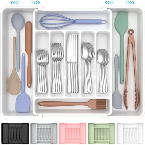 ukeetap Extra Large Expandable Silverware Organizer, BPA-Free Food-Safe Cutlery Flatware Organizer, Kitchen Utensil Drawer Organizer, Adjustable Silverware Holder for Spoons Forks Knives, White