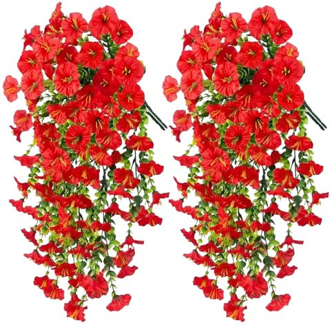 chenyu 4Pcs Artificial Hanging Flowers Red Morning Glory Flowers UV Resistant Hanging Drooping Vine Plants Fake Garden Flower for Home Wall Wedding Indoor Outdoor Decoration