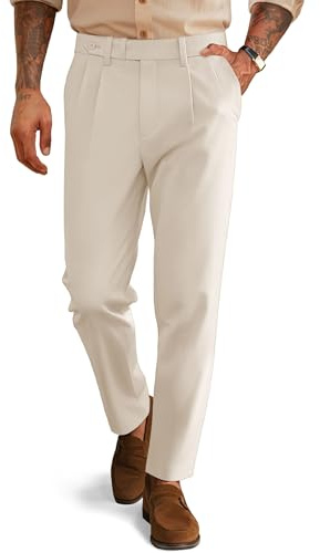 Casual Dress Pants for Mens Pleated Slacks Tapered Leg Extended Waist Vintage Casual Dress Pants for Dinner Beige M