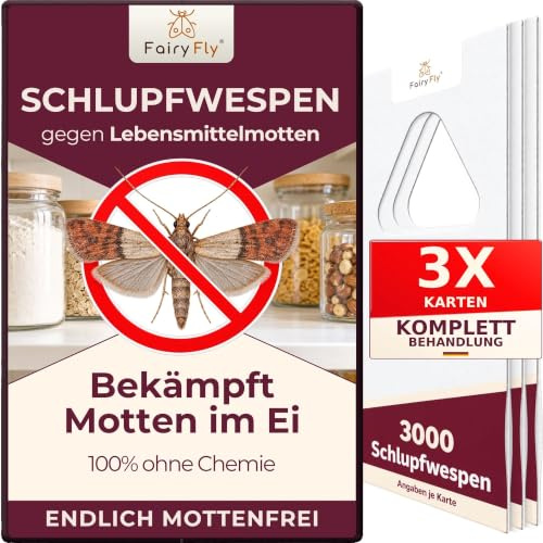 FairyFly Schlupfwespen gegen Lebensmittelmotten – 1 Karte | 3 Lieferungen | 9 Wochen Komplettbehandlung gegen Motten in Küche & Vorräten - 3.000 Eier/Karte, 50 % mehr - Alternative zur Pheromonfalle