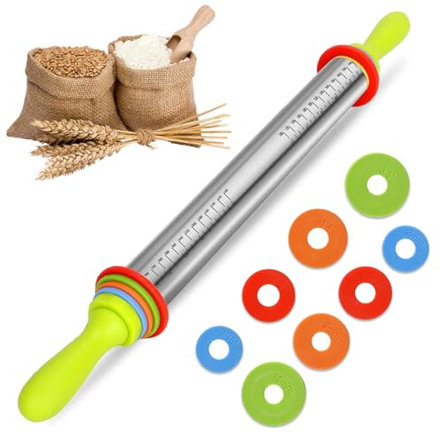 Rodillo de acero inoxidable, 61 cm, rodillo de acero inoxidable con espaciador para espesores de masa, rodillo ajustable con mango, rodillo ajustable, accesorio para hornear pizza, galletas