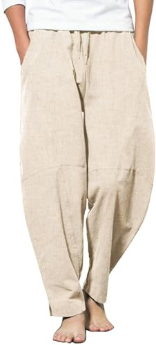 COOFANDY Herren Leinenhose Lang Haremshose Männer Leicht Sommerhose Loose Fit Strandhose Freizeithose mit Taschen Khaki M