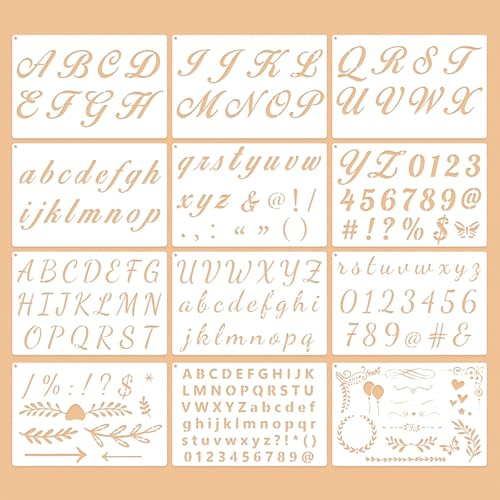GZRXIOUS 12 st bokstäver och siffror stenciler, set, bokstäver, mallar, stora 21 x 14 cm med 1,5 – 15 cm teckenstorlek målningsmallar bokstavsmallar av PET som en gång typsnitt för