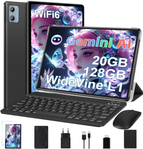 Tablette Android AI Tablette 10 Pouces avec 20Go RAM+128Go ROM(TF/2To),Octa-Core, WiFi 6, 5G+2.4G WiFi, BT 5.0, GMS Certified, Widevine L1, Tablette Tactile 2 en 1 avec Clavier Souris et Cas -Noir