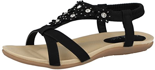Ladies Ravello Jo & Joe Faux Leather Peep Toe Sling Back Flower Fashion Flat Diamante Flip Flop Sandals Size 3-8 (UK 5, Black)