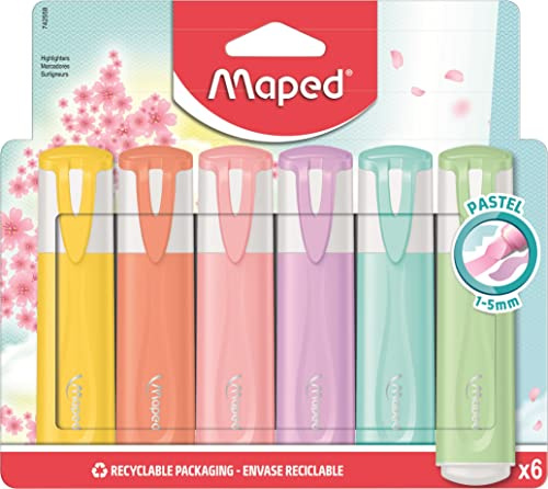 Maped Subrayadores Pastel, 6 Marcadores de Colores Suaves, Punta Biselada de 1 a 5 mm, Tinta Fluorescente para Papel, Tapón a Presión, Ideal para Oficina y Estudio