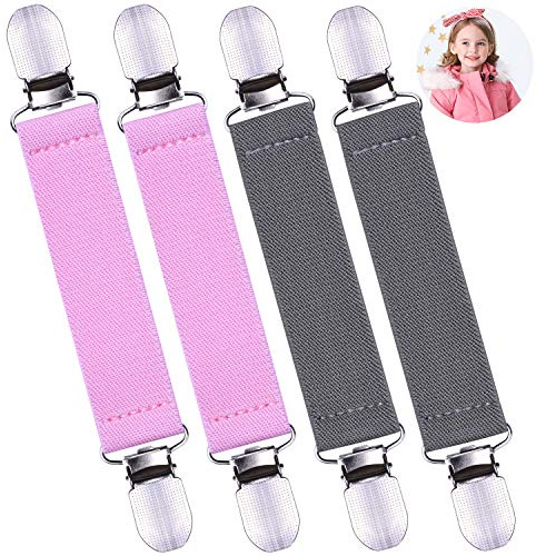wisdompro 4 Pack Glove Clips, Mitten Clips with Elastic Straps for Kids, Toddle and Adults, Clothes Waist Cinch Clips, Sweater Cardigan Clips - Grey, Pink
