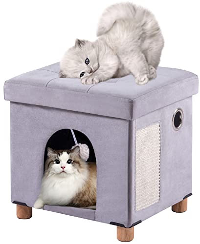 BRIAN & DANY Faltbare Katzenhöhle Große Katzen, Katzenhaus Höhle für Katzen mit Kratzbrett und Spielball, Sitztruhe Sitzhocker Fußhocker mit Holzfüßen 37 x 31.8 x 36 cm, Grau