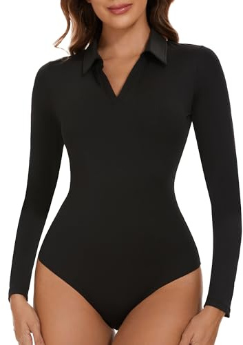SHAPERIN Body Femme Manches Longues Col en V Bodysuit String Long Sleeve V Neck Jumpsuit Tops Turn Down Collar Noir M
