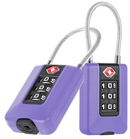 ZHEGE TSA Approved Luggage Locks, 3-Digit Combination Flexible Cable Lock with White Numbers - Secure Travel Padlock for Suitcases, Backpacks, Lockers, Tents (2 Pack, Purple)