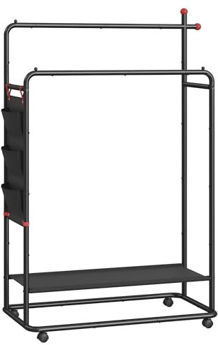 SONGMICS HOME Kleiderständer auf Rollen, Garderobenständer, 2 Kleiderstangen, Ablagefläche, seitlicher Organizer, Haken in Streichholz-Form, stabil, Schlafzimmer, Flur, tintenschwarz HSR171B01