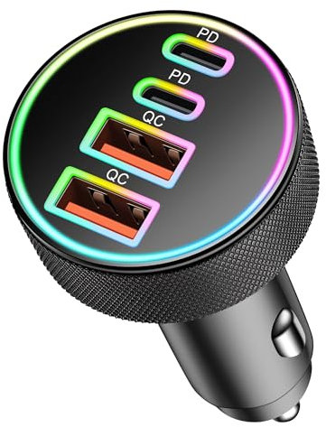 90W Zigarettenanzünder USB C, 4-Port Dual 45W USB-C und USB-A 12V Adapter PD/QC kfz Schnellladegerät Handy Auto Ladegerät für iPhone 17/Air/16/16e/15 Pro Max, Samsung Galaxy S25/S24, Google Pixel 9/8