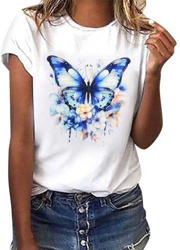 heekpek Femme T Shirt Blanc Chic T Shirts Col Rond Haut Manches Courtes Ete T Shirt Coton Tee Shirt Imprimé pour Femmes Files