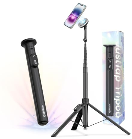 KraftGeek 168cm Palo Selfie Trípode para Movil Compatible con MagSafe, Tripode Movil Magnético con Apertura Automática, Tripe Telemovel Extensible Compatible con iPhone/Samsung/Android, Negro