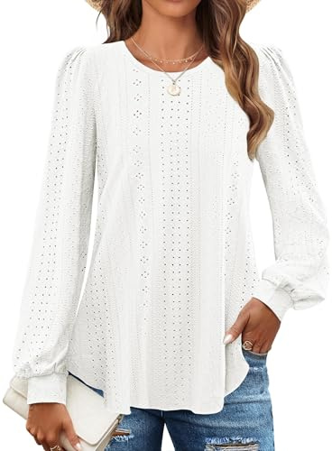 Chicrise Tunique Femme Longue Décontracté Chemisier Poignets Bandés Col Rond Blouse Boheme Respirant Blanc Moyen 38-40 M