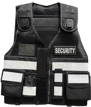 Gilet de sécurité tactique haute visibilité en maille de polyester avec bord en nylon, taille réglable, plusieurs poches, bande réfléchissante 3M, clips pour caméra, Noir , taille unique