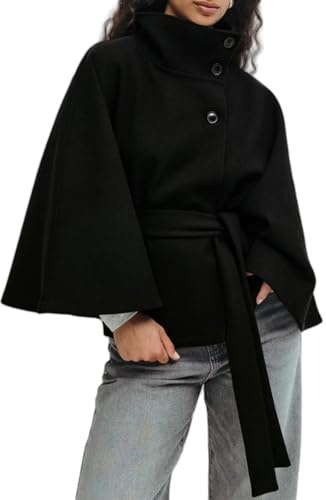 Generisk damponcho med fladdermusärmar, cabanjackor för kvinnor, vinter, tjock, varm, retro, elegant, kort kappa, svart, M