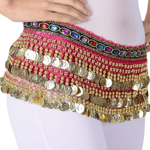 Wsdsgz Sciarpa da donna per danza del ventre con cintura per danza del ventre dorata, gonne, sciarpa avvolgente per danza del ventre, costume, Rosso rosato, Taglia unica