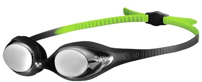 ARENA Unisex Youth Spider Junior Swim Goggles Girls and Boys Ages 6 to 12 Anti-Fog Mirror Lens Easy to Adjust Strap No Leak, Black/Silver/Green