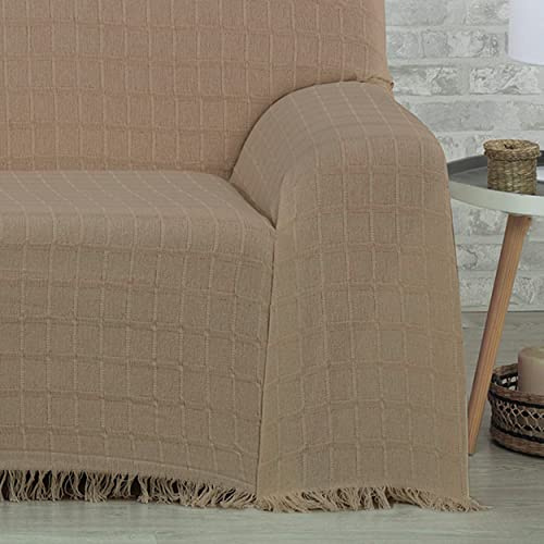 DALINA Colcha Multiusos Sofa,Manta Foulard,Plaid para Cama,Cubresofa Cubrecama,Comoda Practica y Suave. Poliester Algodón con Bordaje de Guadro Camello 180X260CM