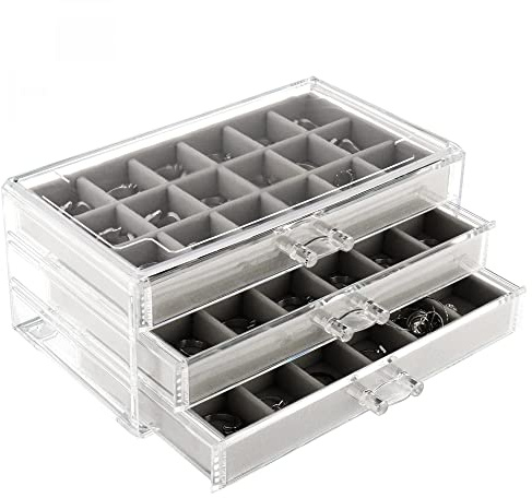 Gelory Jewellery Box for Women with 3 Drawers,Velvet Jewellery Organiser Gifts for Rings, Bracelets, Necklaces, Brooches, Earrings (Gray)