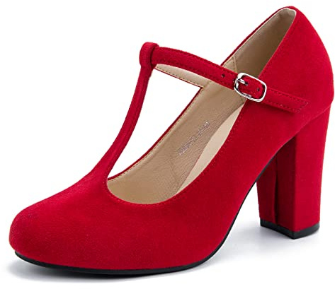 Women's T-Strap Mary Jane Pumps, Chunky Heel, Vintage Style, 3.54 Inch Round Toe Dress Shoes Suede Red US 8