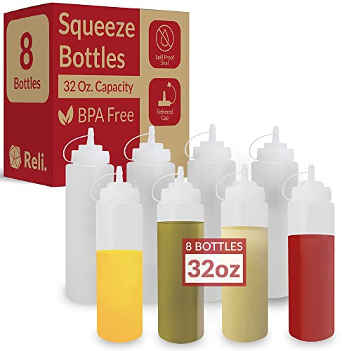 Reli. Plastic Squeeze Bottles, 32 oz. | 8 Pack | Condiment Squeeze Bottles for Sauces | Clear w/Tethered Caps | 32 Ounce Hot Sauce, Ketchup | Condiments, Olive Oil, Liquids