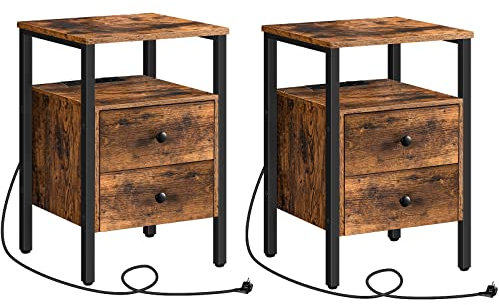 HOOBRO Nachttische mit Ladestation, 2er Set, Beistelltische, Sofatische mit 2 Schubladen, Couchtische mit USB-Anschlüssen für Wohnzimmer, Schlafzimmer, 40 x 40 x 61 cm, Vintage EBF43CBZP201