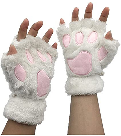 Niedliche Katze Klaue Pfote Plüschwarme Fingerlose Handschuhe - Kawaii Cosplay Kunstpelz Warm Katzen Handschuhe für Damen Mädchen Frauen - Winter Halbfingerhandschuhe (White, One Size)