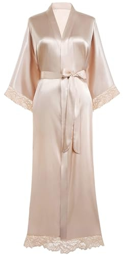 BABEYOND Satin Kimono Robe Long Bridesmaid Wedding Bath Robe with Lace Trim