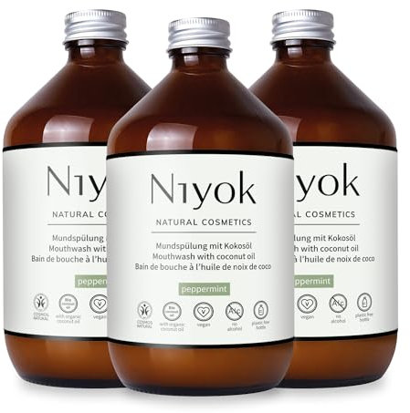 Niyok® Mundspülung mit Kokosöl Pfefferminze (3x500ml) • Antibakterielle Mundspülung Bio-Kokosöl • Ohne Fluorid & Ohne Alkohol • Für gesundes Zahnfleisch • Mundwasser gegen Mundgeruch