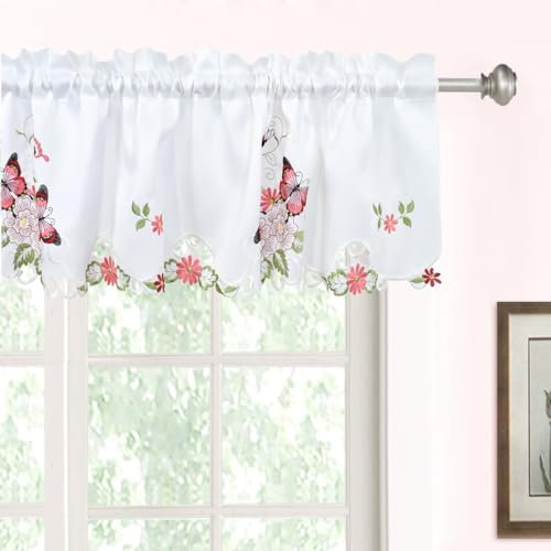 Molaxhome Schillernd Bestickt Scheibengardinen Kurzstores Fenster Valance Küchengardinen Bistrogardine Fenstervorhang Küche Vorhänge Fensterschal, Stabtasche Valance 146x35 rot