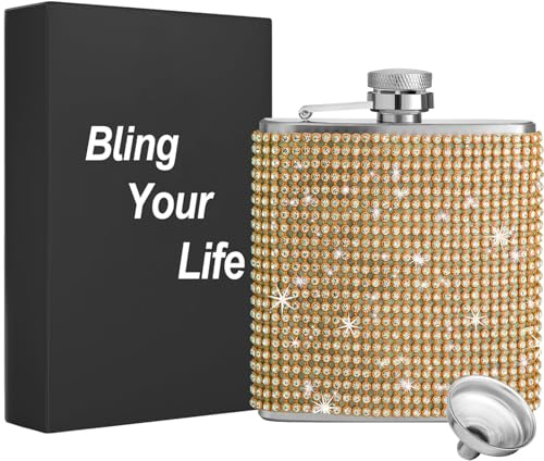 Diamond Hip Flasks - Glitter Stainless Steel Leakproof Hip Flasks with Funnel, Bling Rhinestone Hip Flask, Cute Liquor Flask for Women (Golden, 6oz)