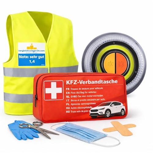 Set 3 in 1 – Kit di pronto soccorso per auto e auto 2026: EN ISO 20471 – V16 – kit di pronto soccorso & kit di pronto soccorso, borsa per medicazione e giubbotto di sicurezza – accessori auto e set di