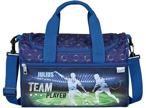 minimutz Petit sac de sport pour garçon - Personnalisable avec nom - Sac de voyage pour enfant - 2 compartiments avec bandoulière, bleu, 35 x 23 x 16 cm