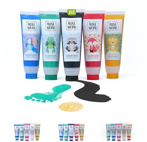 Miniwerk Naturfarbe 5er Set mit Schwammaufsatz - 5 Bio Malfarben aus natürlichen Rohstoffen, schadstofffrei wie Fingerfarbe - Baby Handabdruck Set, Fußabdruck Baby (Blau, Grün, Schwarz, Rot, Gelb)