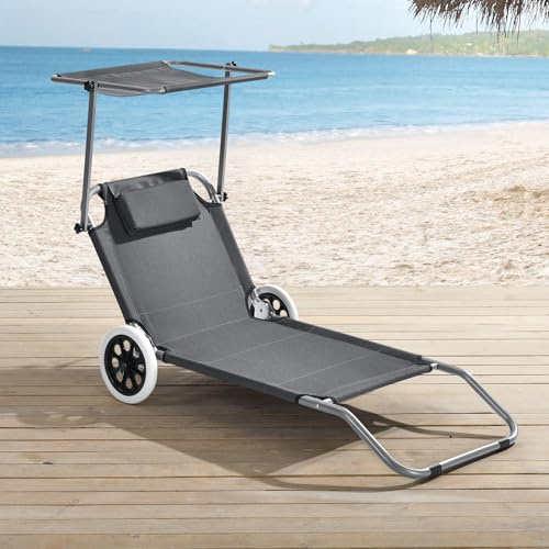 Capra Group Sdraio spiaggina da mare e spiaggia con ruote, schienale regolabile 5 Posizioni, con cuscino poggiatesta e tettuccio parasole, sedia xarrello trolley per trasportare