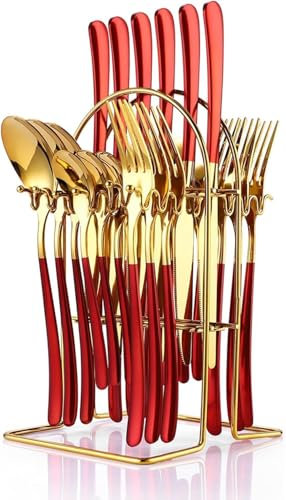Set di stoviglie in argento, 24 pezzi, in acciaio inox, con supporto per stoviglie in argento, set di stoviglie per 6, set di posate bianche per cucina (rosso oro)