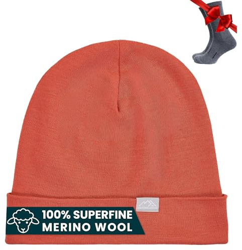 Merino.tech Gorros Lana Merino Puños - Gorro Trekking Hombre y Mujer Imprescindibles para el Invierno (Rusty Orange, Large-Xlarge)