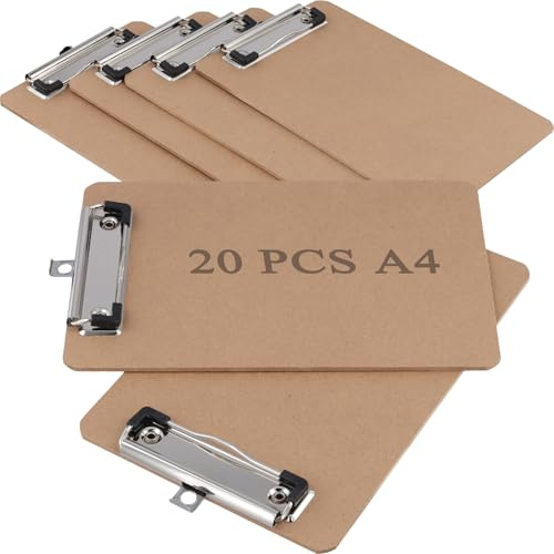 MAKTSAM 20 portapapeles A4, tableros de clip de tablero duro, carpetas de portapapeles marrón con gancho para colgar y clip de metal estable para oficina, restaurante, hogar