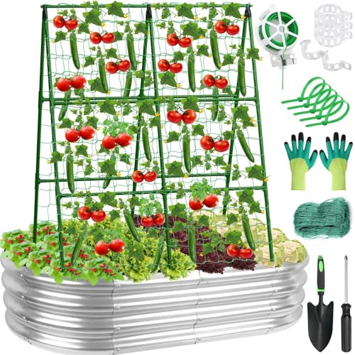 Galvanized Raised Bed with Cucumber Trellis, Garden Arch Trellis Outdoor Reusable A-Frame Metal Trellis with Trellis Net for Pea Vegetable Bean Grape Vines Flowers Climbing Plants Stand Support