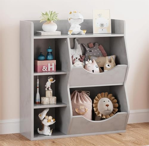 Garvee Kinderregal Spielzeugregal Bücherregal Kinder Spielzeug Aufbewahrung 3-Stufig mit 5 Fächern für Kinderzimmer Spielzimmer Kindergarten 81 * 30 * 92 cm Grau