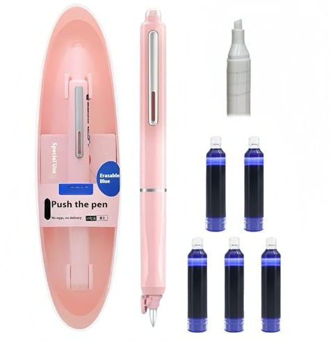 Générique Stylo-Plume Rétractable : 0,38 mm, Encre Bleue Et Noire, Corps du stylo de couleur, 5 cartouches D’encre Rechargeables Incluses. Pour Une écriture (Rose, Bleu effaçable)
