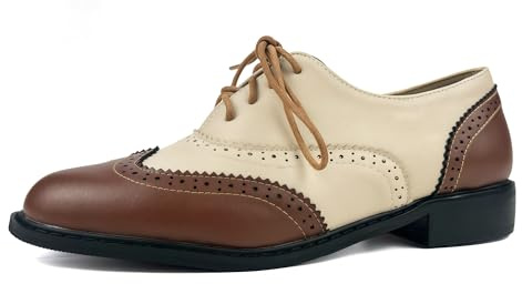 PIVAPAM Womens Oxfords Brown and Apricot Wingtip Chunky Heeled Patent Leather Vintage Brogue Lace Up Two Tone Saddle Shoes