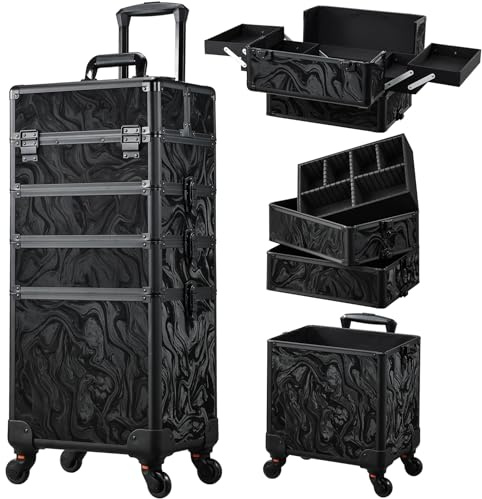Maleta Maquillaje 4 en 1 Maletin Maquillaje Rueda de Gran Capacidad Caja Maquillaje Maletin de Cosméticos portátil con Cerradura Organizador de Maquillaje, Alpes Negro